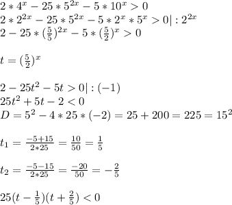 2*4^x-25*5^{2x}-5*10^x0\\2*2^{2x}-25*5^{2x}-5*2^x*5^x0|:2^{2x}\\2-25*( \frac{5}{5} )^{2x}-5*( \frac{5}{2} )^x0\\\\t=( \frac{5}{2} )^x\\\\2-25t^2-5t0|:(-1)\\25t^2+5t-2