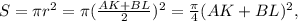 S=\pi r^2=\pi (\frac{AK+BL}{2})^2=\frac{\pi}{4}(AK+BL)^2,