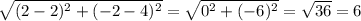 \sqrt{(2-2)^2+(-2-4)^2} = \sqrt{0^2+(-6)^2} = \sqrt{36}=6