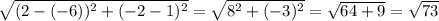 \sqrt{(2-(-6))^2+(-2-1)^2} = \sqrt{8^2+(-3)^2} = \sqrt{64+9}=\sqrt{73}