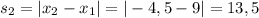 s_{2} = |x_{2} - x_{1}| = |-4,5 - 9| = 13,5