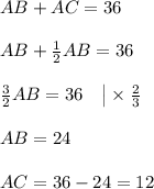 AB + AC = 36\\ \\ AB + \frac{1}{2}AB = 36\\ \\ \frac 3 2 AB = 36~~~\big |\times \frac 2 3 \\ \\ AB = 24 \\ \\ AC = 36 - 24 = 12