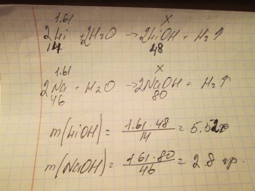 Кусочки лития и натрия по 1,61 г каждый полностью прореагировал с водой.одинаковые ли массы их гидро