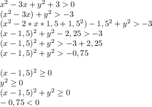 x^2-3x+y^2+30\\(x^2-3x)+y^2-3\\(x^2-2*x*1,5+1,5^2)-1,5^2+y^2-3\\&#10;(x-1,5)^2+y^2-2,25-3\\(x-1,5)^2+y^2-3+2,25\\(x-1,5)^2+y^2-0,75\\\\(x-1,5)^2 \geq 0\\y^2 \geq 0\\(x-1,5)^2+y^2 \geq 0\\-0,75