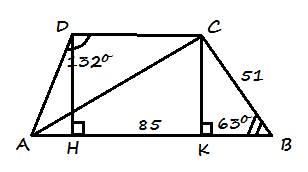 Ab и cd основания трапеции, угол abc=63◦ угол cda=132◦ ab=85mm bc = 51 mm. вычислить ad, cd и диагон