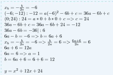 Дана функция y=ax(2)+bx+ c, её вершина (-6; -12) и ещё известно что одна из её точек (0; 24) найти a