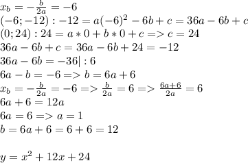 x_b=- \frac{b}{2a}=-6 \\ (-6;-12):-12=a(-6)^2-6b+c=36a-6b+c \\ &#10;(0;24):24=a*0+b*0+c=c=24 \\ 36a-6b+c=36a-6b+24=-12 \\ 36a-6b=-36|:6 \\ &#10;6a-b=-6=b=6a+6 \\ x_b=- \frac{b}{2a}=-6 = \frac{b}{2a}=6= \frac{6a+6}{2a}=6 \\ 6a+6=12a \\ 6a=6=a=1 \\ b=6a+6=6+6=12 \\ \\ y=x^2+12x+24