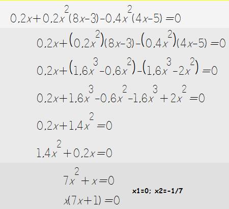 Найдите меньший корень уравнения. напишите решение. 0,2x+0,2x^2(8x-3)=0,4x^2(4x-5) ответы без решени