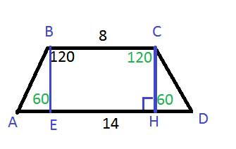 Найти боковые стороны р/б трапеции, основания который 14 см и 8 см, а один угол из углов 120 градусо
