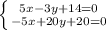 \left \{ {{5x-3y+14=0} \atop {-5x+20y+20=0}} \right.