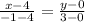 \frac{x-4}{-1-4}= \frac{y-0}{3-0}