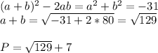 (a+b)^2-2ab=a^2+b^2=-31\\&#10; a+b= \sqrt{-31+2*80} = \sqrt{129}\\&#10;\\&#10;P=\sqrt{129}+7