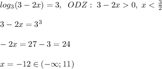 log_3(3-2x)=3,\; \; ODZ:\; 3-2x0,\; x