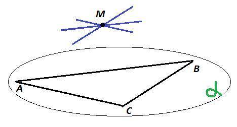 Треугольник abc лежит в плоскости а точка м не принадлежит плоскости а сколько прямых паралельных ст