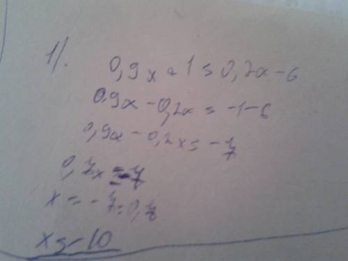 Решите уравнения 0.9х+1=0.2х-6; 1/2(х-6)-3=1/3х; 4=-1-(11х-5); 0.5(8х-3)=-4(2.5-х)