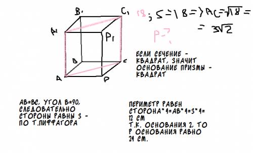Диагональное сечениеправильной четырехугольной призмы квадрат пощадью 18 см.вычислите периметр основ