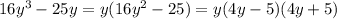 16y^3-25y=y(16y^2-25)=y(4y-5)(4y+5)