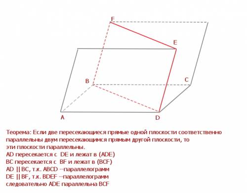 Чотирикутники abcd i bdef - паралелограми, причому точка f не належить площині ade. доведіть ,що пло