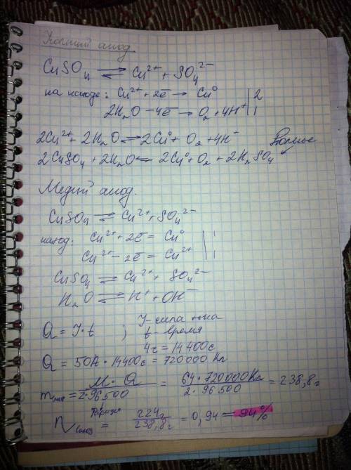 Электролиз раствора cuso4 проводили с медным анодом в течение 4 ч при силе тока 50 а. при этом выдел