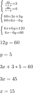 \left \{ {{ \frac{60}{x+y}=3 } \atop { \frac{60}{x-y}=6} \right. \\ \\ \left \{ {{60=3x+3y} \atop {60=6x-6y}} \right. \\ \\ \left \{ {{6x+6y=120} \atop {6x-6y=60}} \right. \\ \\ 12y=60 \\ \\ y=5 \\ \\ 3x+3*5=60 \\ \\ 3x=45 \\ \\ x = 15