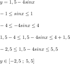 y=1,5-4sinx\\\\-1 \leq sinx \leq 1\\\\-4 \leq -4sinx \leq 4\\\\1,5-4 \leq 1,5-4sinx \leq 4+1,5\\\\-2,5 \leq 1,5-4sinx \leq 5,5\\\\y\in [-2,5\; ;\; 5,5]