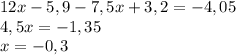 12x-5,9-7,5x+3,2=-4,05 \\ 4,5x=-1,35 \\ x=-0,3