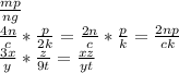 \frac{mp}{ng} \\ \frac{4n}{c} * \frac{p}{2k}= \frac{2n}{c}* \frac{p}{k}= \frac{2np}{ck} \\ \frac{3x}{y}* \frac{z}{9t}= \frac{xz}{yt}