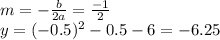 m=-\frac{b}{2a} = \frac{-1}{2} \\ y=(-0.5)^2-0.5-6=-6.25