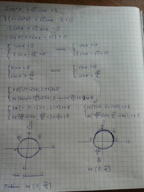 Решить неравенство 2cos^2x + корень2sinx > 2