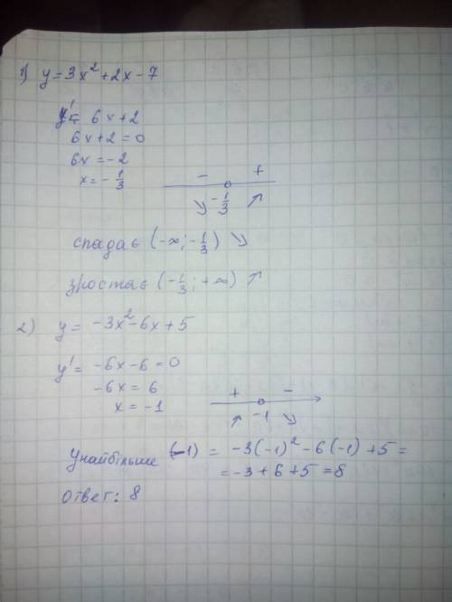 1)исследуйте на монотонность функцию у=3x^2+2х-7 2)найдите наибольшее значение функции у=-3х в квадр