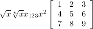 \sqrt{x} \sqrt[n]{x} x_{123} x^{2} \left[\begin{array}{ccc}1&2&3\\4&5&6\\7&8&9\end{array}\right]