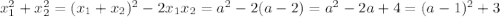 x_1^2+x_2^2=(x_1+x_2)^2-2x_1x_2=a^2-2(a-2)=a^2-2a+4=(a-1)^2+3