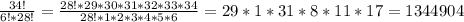 \frac{34!}{6!*28!}=\frac{28!*29*30*31*32*33*34}{28!*1*2*3*4*5*6}=29*1*31*8*11*17=1344904