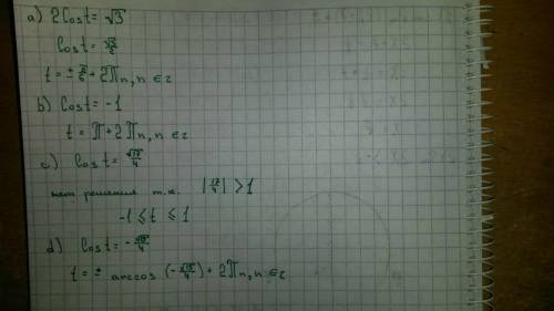 Решите уравнение a) 2cos t= корень из 3 b) cos t =-1 c) cos t= корень из 17/4 d) cost=-корень из 15/