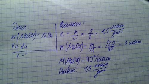 Вследствие растворения гидроксида натрия массой 120 г в воде образовался раствор объемом 2 л. опреде