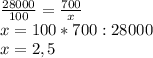 \frac{28000}{100} = \frac{700}{x} \\ x=100*700:28000 \\ x=2,5