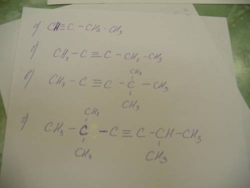 Напишите структурные формулы следующих алкинов: а)бутин-1, б)пентин-2, в)4,4-диметилпентин-2, г)2,2,