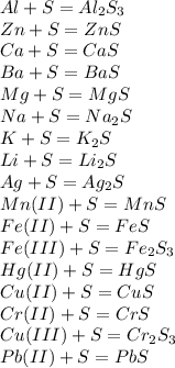 Al + S = Al_{2} S_{3} \\ 
Zn + S = ZnS \\ 
Ca + S = CaS \\
Ba + S = BaS \\
Mg + S = MgS \\
Na + S = Na_2S \\
K + S = K_2S \\
Li + S = Li_2S\\
Ag + S = Ag_2S\\
Mn(II) + S = MnS \\
Fe(II) + S = FeS\\
Fe(III) + S = Fe_2S_3 \\
Hg(II) + S = HgS \\
Cu(II) + S = CuS \\
Cr(II) + S = CrS \\
Cu(III) + S = Cr_2S_3 \\
Pb(II) + S = PbS\\