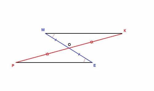 Каждый из отрезков pk и me точкой 0 делится пополам. докажите, что угол kmo= углу peo