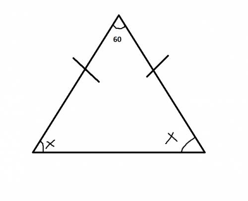 Вравнобедренном треугольнике угол между боковыми сторонами равен 60° найдите острые углы треугольник