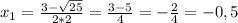 x_{1}= \frac{3- \sqrt{25} }{2*2}= \frac{3-5}{4}=- \frac{2}{4}=-0,5