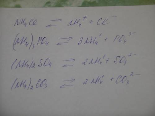 Умоляю нужно . уровнения диссоциации хлорида амония, фосфата амония, сульфата амония, карбоната аммо