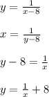 y= \frac{1}{x-8}\\\\x= \frac{1}{y-8}\\\\y-8= \frac{1}{x}\\\\y= \frac{1}{x}+8