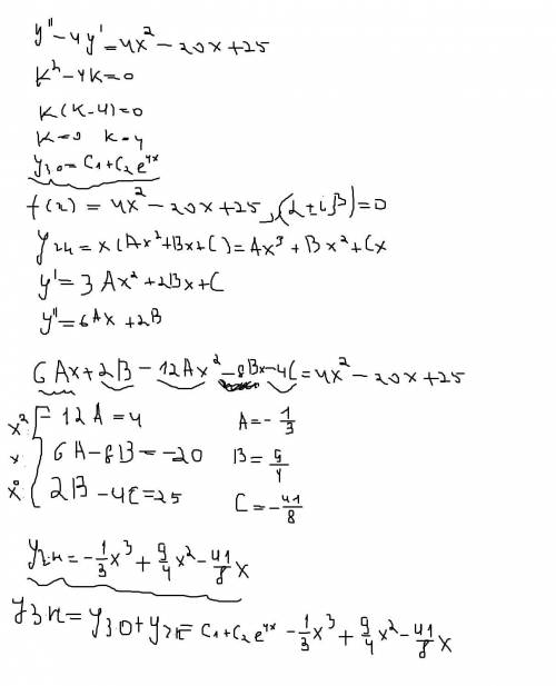 Решить уравнение y-4y'=4x^2-20x+25