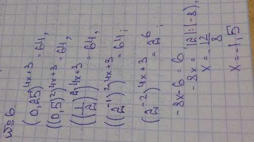 Найдите корень уравнения: (0.25)^4x+3=64 4x+3(степень)