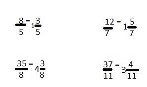 Запашите неправильные дробь в виде смешашанных дробей8/5 12/7 35/8 37/11