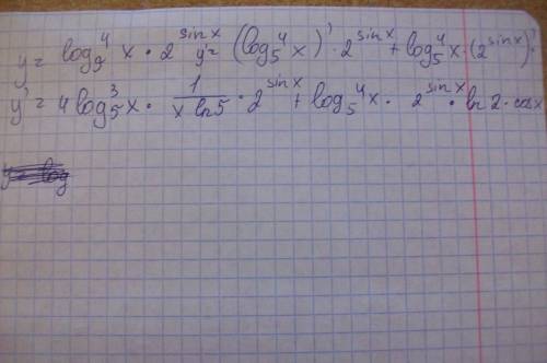 Спроизводной y=loq₅⁴x * 2^{sin x} y=loq₅⁴ * 2^{sin x}