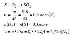 Масса серы равна 9,6 грамм нужно найти объём кислорода,который потребуется что бы сжечь всю серу. s+
