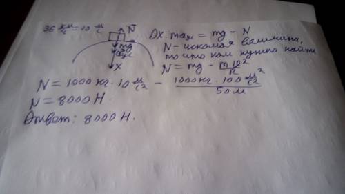 Автомобиль массой 1000кг движется со скорстью 36км/ч по выпуклому мосту,имеющим радиус кривизны 50м.