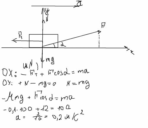 Тело массой 10кг начинает тянуть по столу, из состояния покоя(v0=0) с нити под углом 30 градусов к п